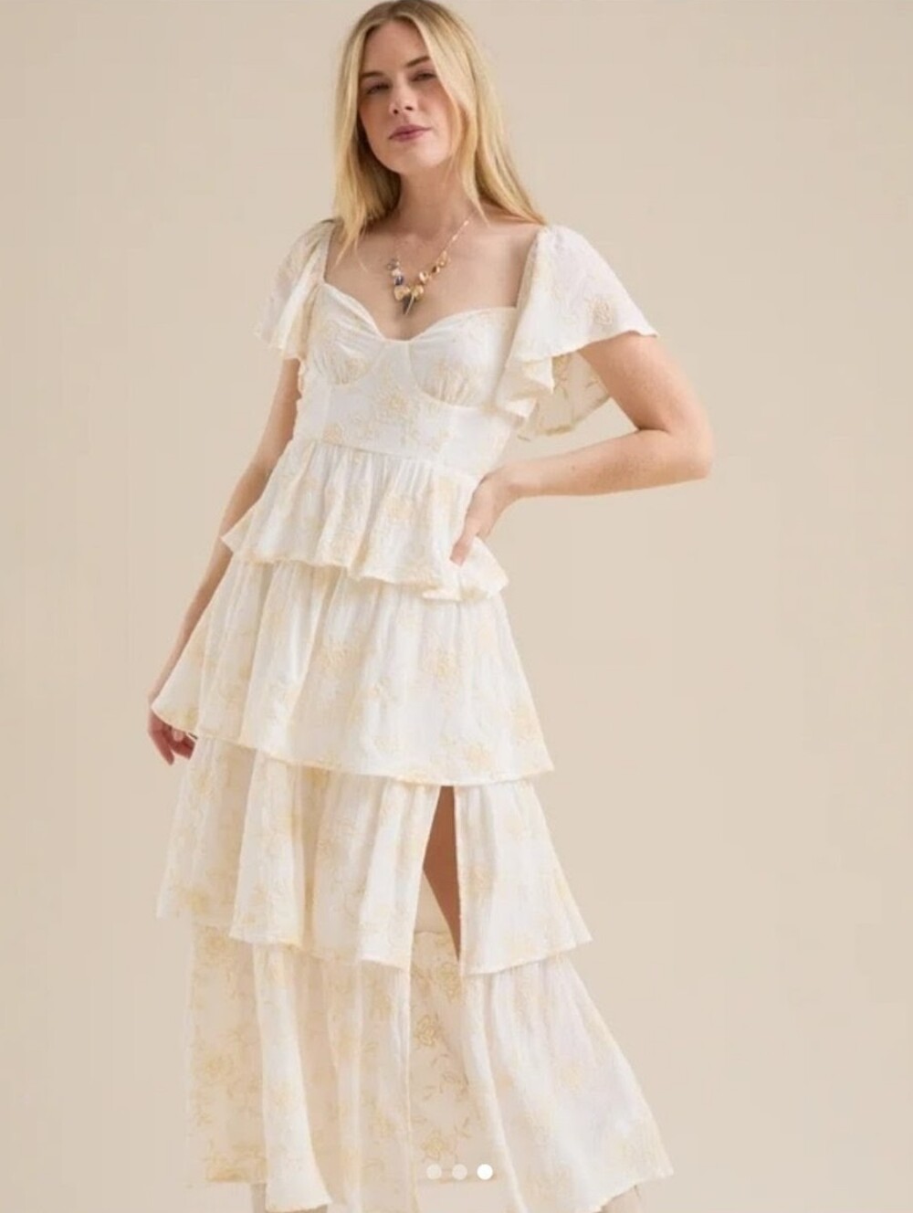 Altar'd State Roxanne Tiered Ivory Cream Embroidered Floral Maxi Dress Small NWT